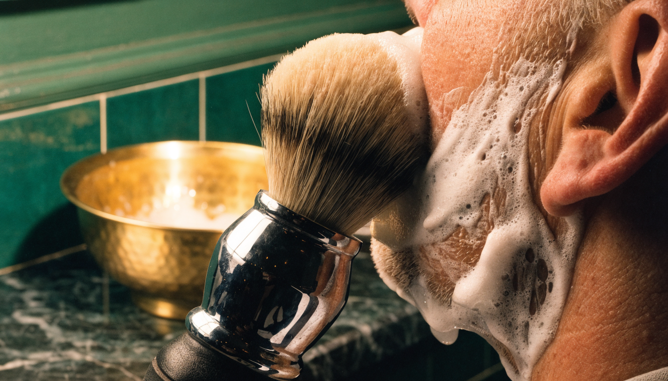 A badger brush working warm lather across a client's jaw