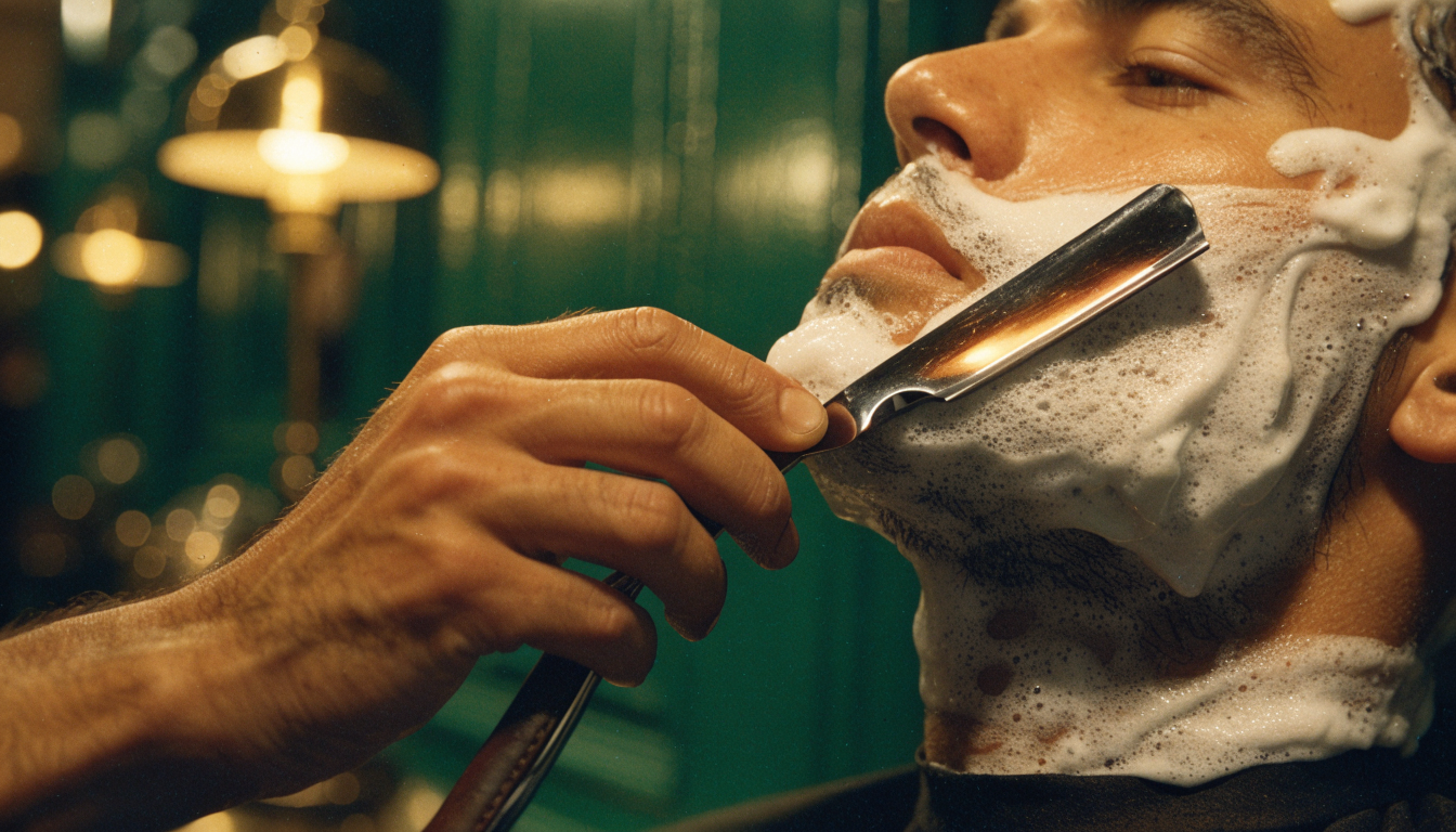 A straight razor gliding across a lathered cheek