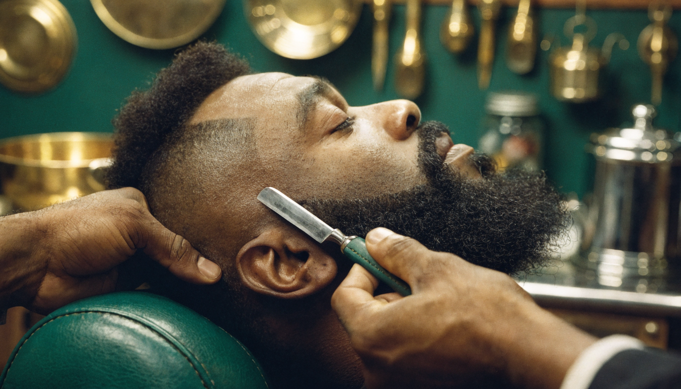A straight razor edging a crisp beard and sideburn line