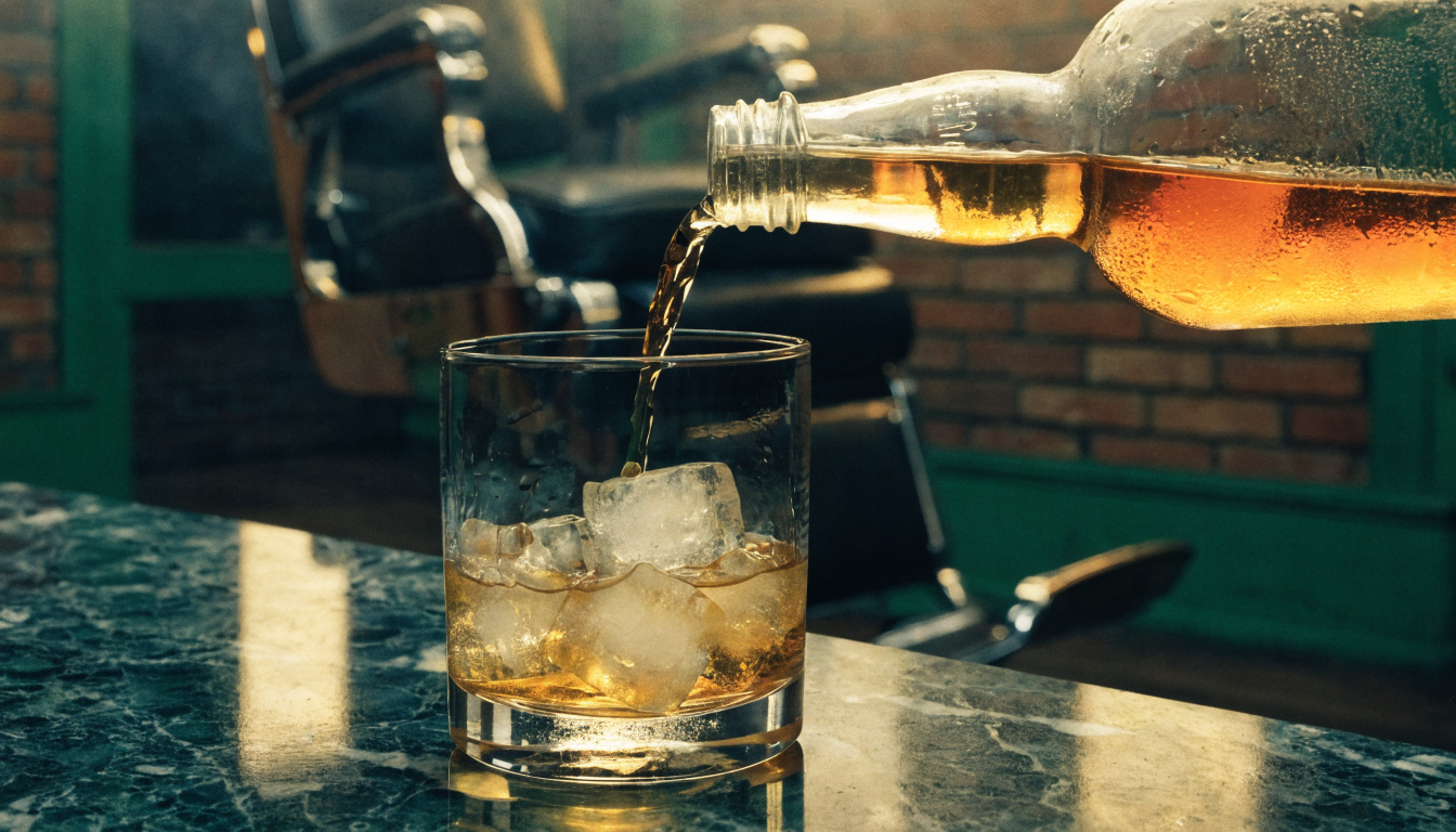A short glass of whiskey poured on the barber counter