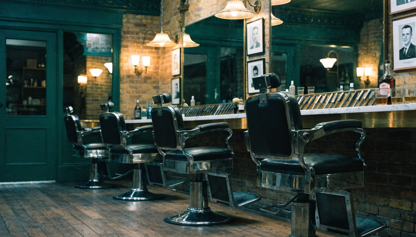Wide interior of Union Barber Co. — brick walls, four chrome chairs, whiskey on the counter