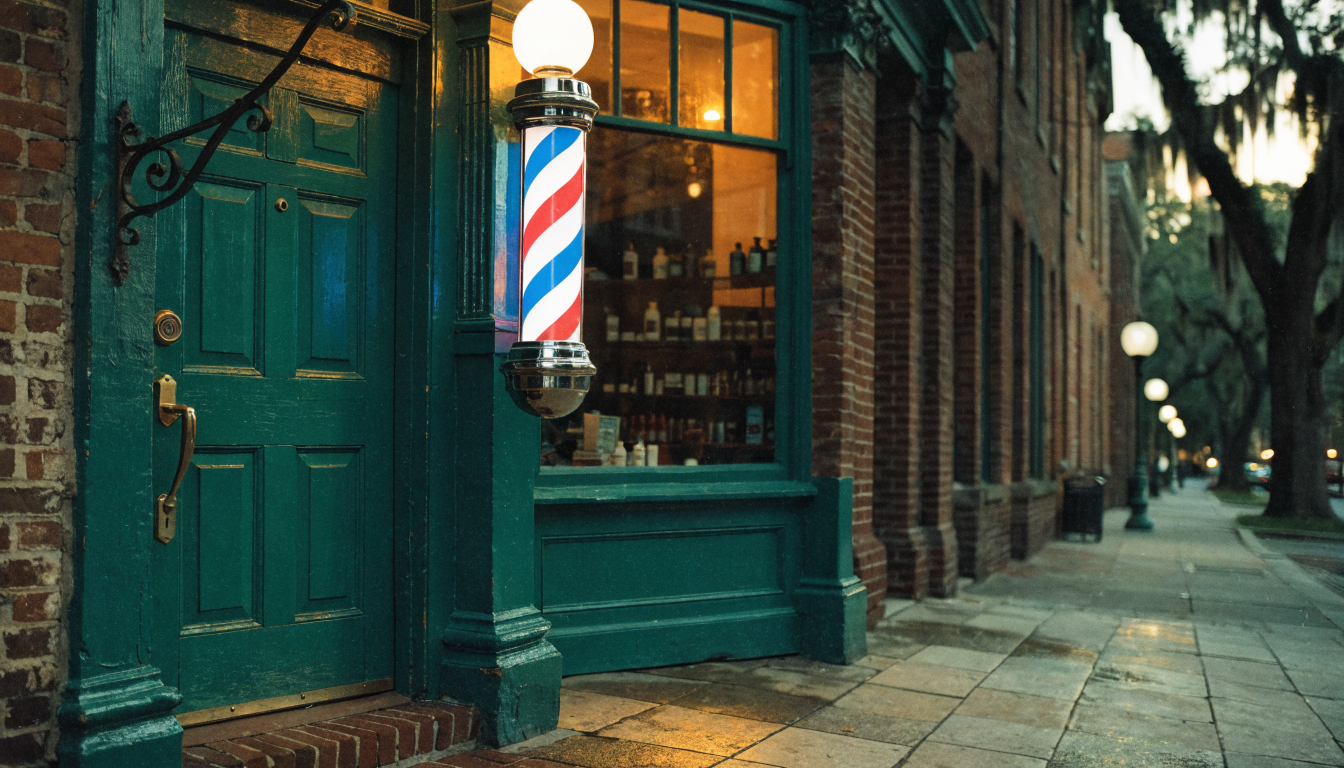 The Union Barber Co. brick storefront at dusk with a lit window