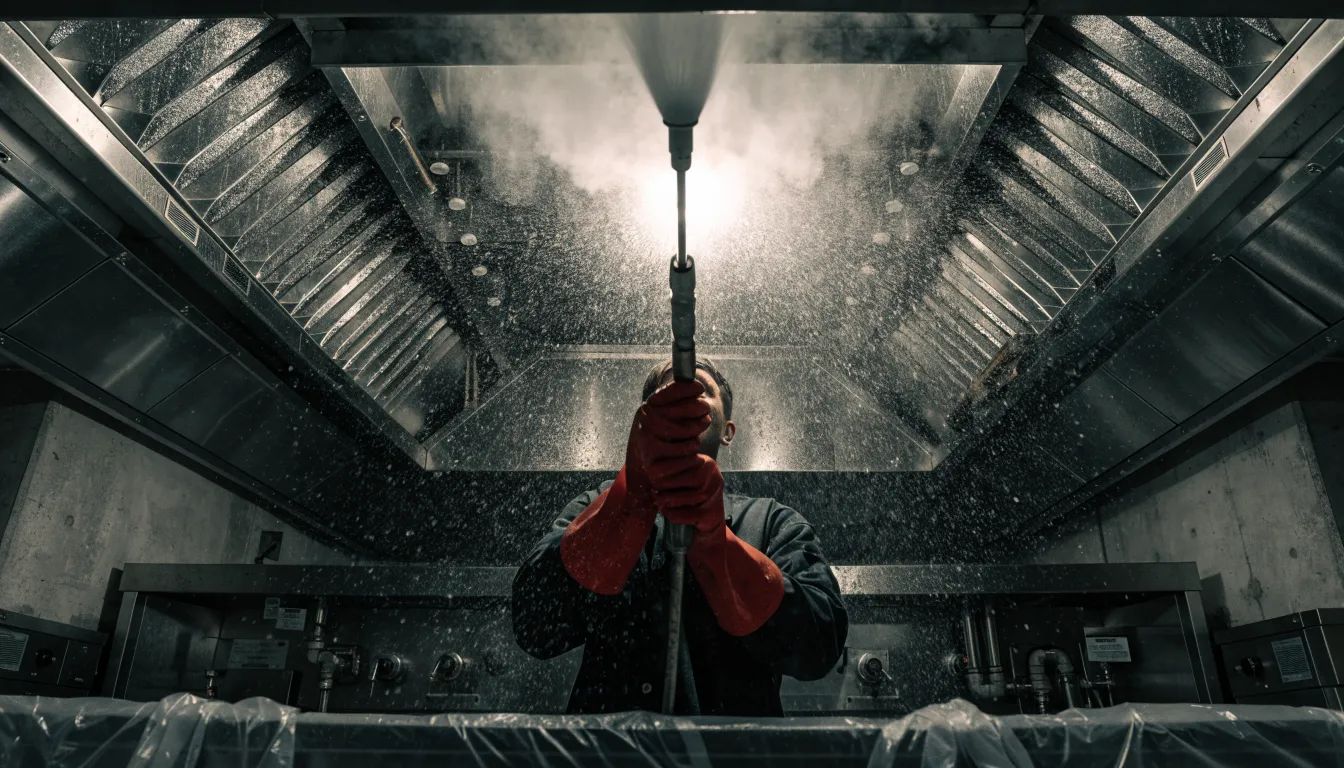 Technician in red gloves pressure washing the inside of a stainless steel restaurant hood