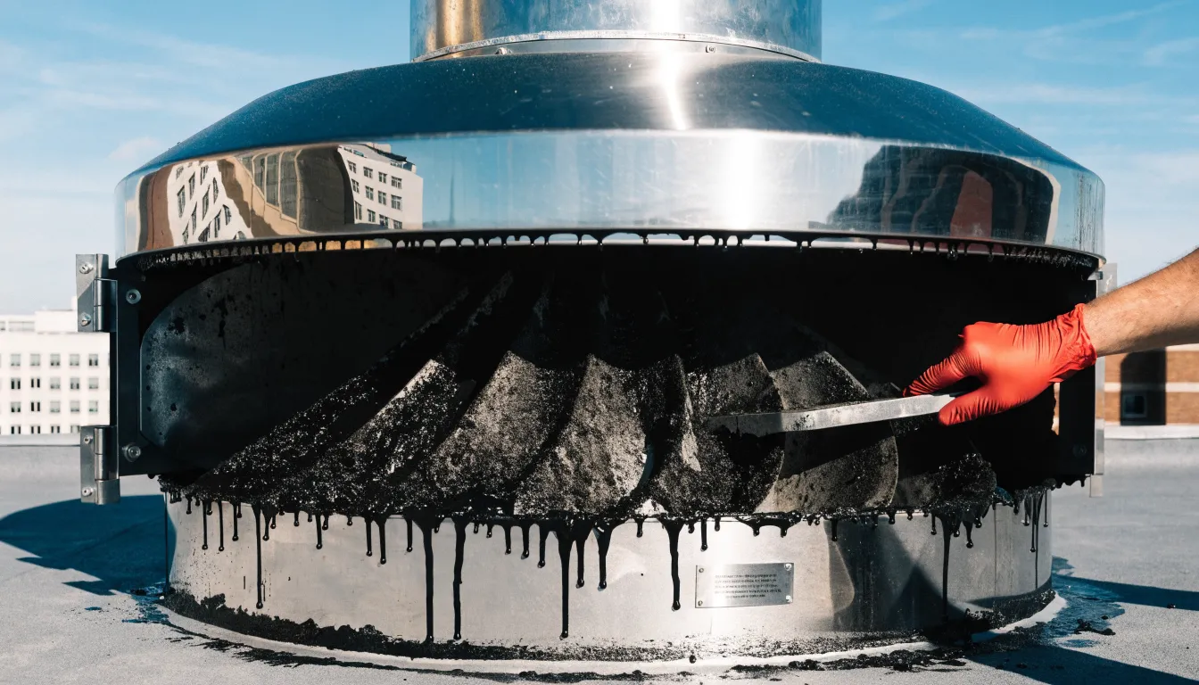 Rooftop kitchen exhaust fan hinged open for cleaning