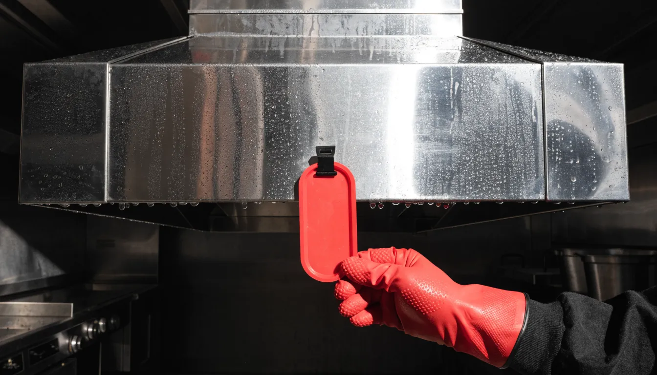 Gloved hand clipping a red service tag to a freshly cleaned stainless hood