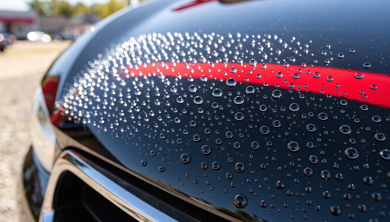 Round water beads sitting on a freshly ceramic-coated black hood