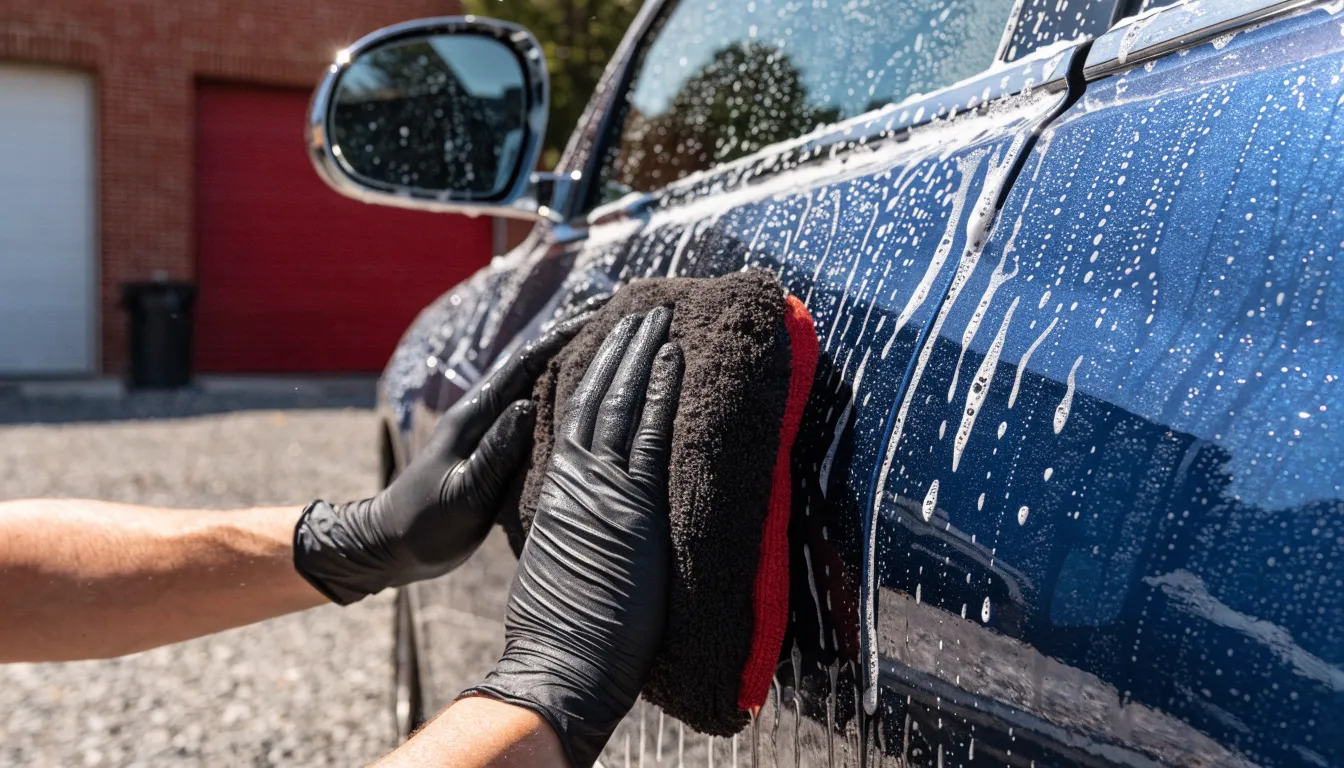 Gloved hands pressing a microfiber wash mitt across a soapy car door