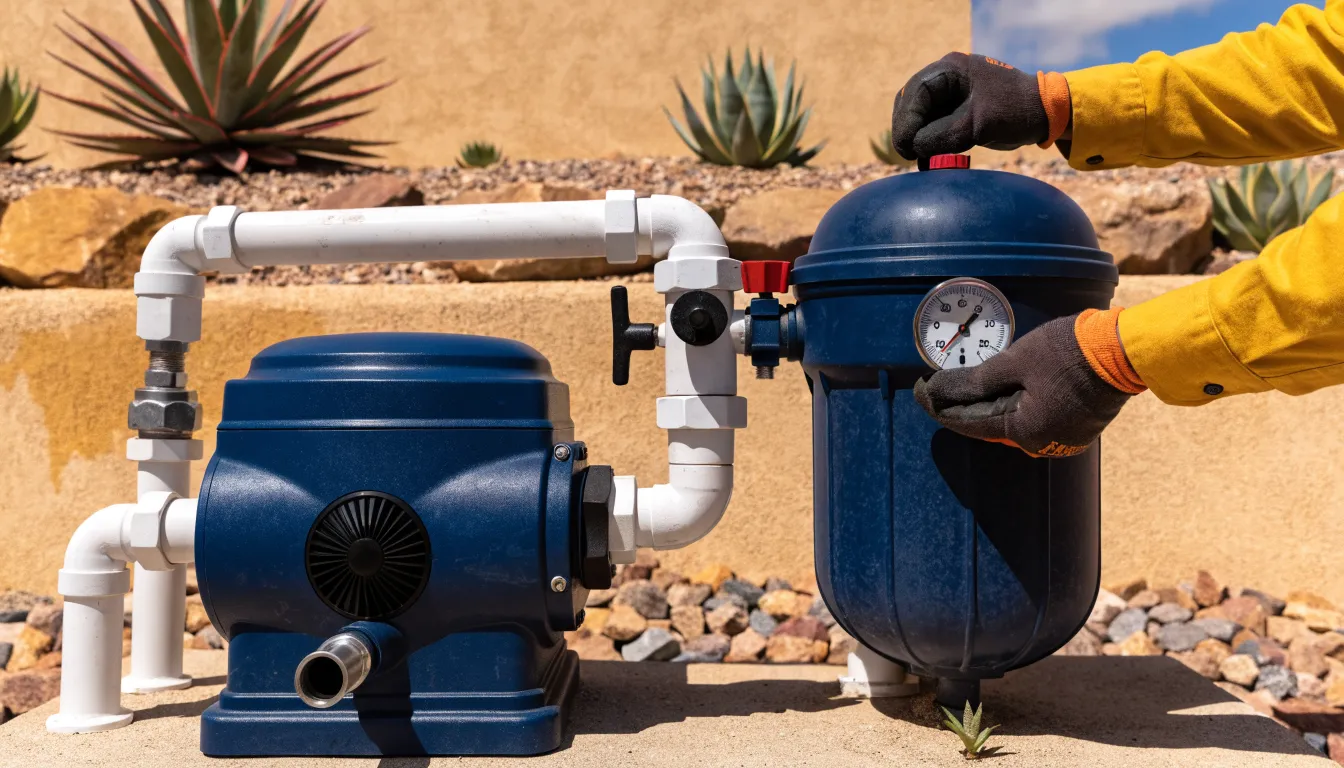Technician checking the pressure gauge on a pool pump and filter equipment pad