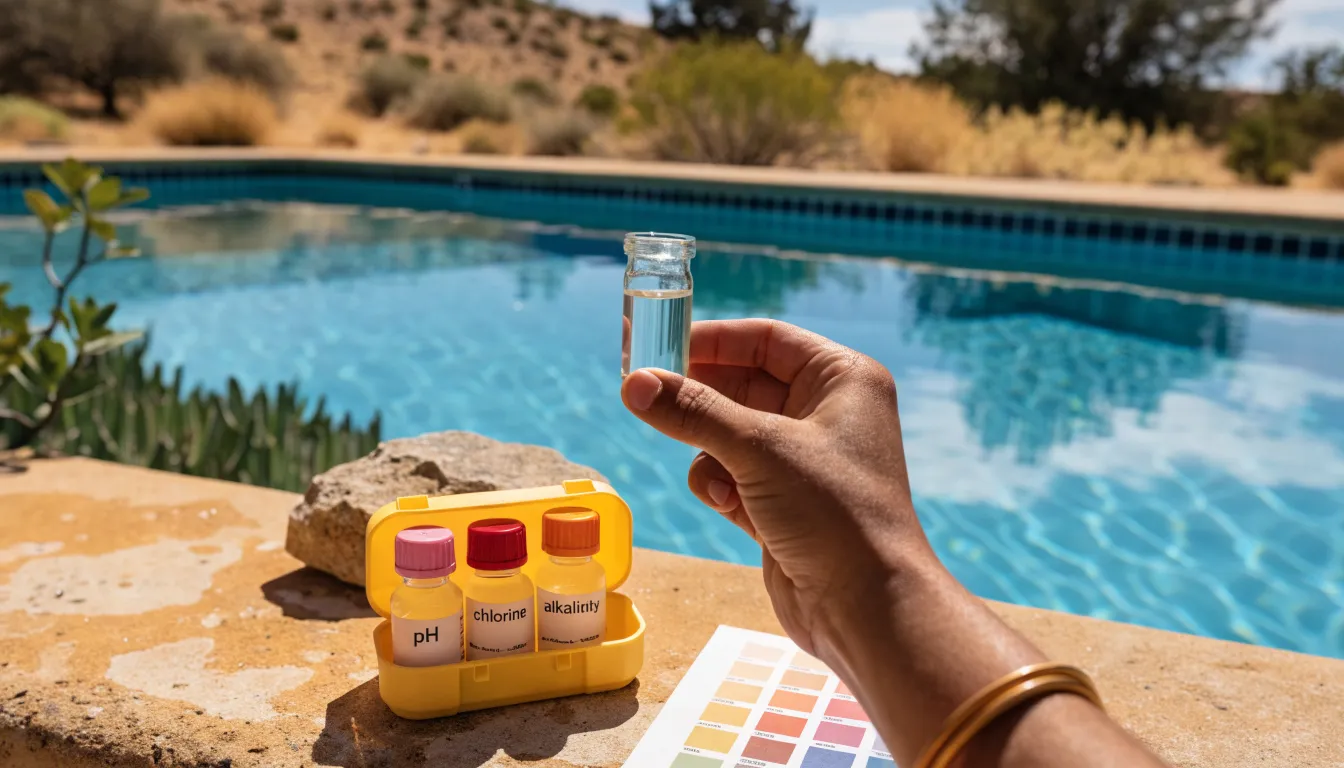 Hand holding a pool water test vial beside an open reagent test kit on the pool coping