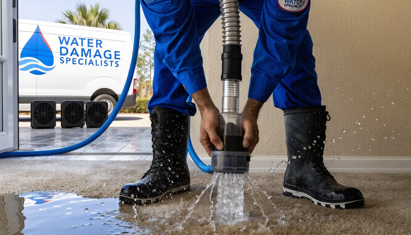 Truck-mounted extraction wand pulling standing water out of a soaked carpet after a leak