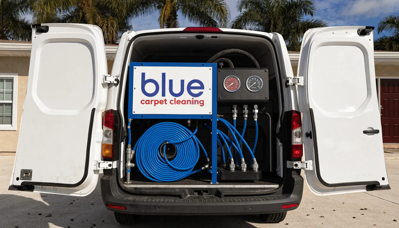 Truck-mounted carpet cleaning unit and coiled blue hoses in the back of a white work van