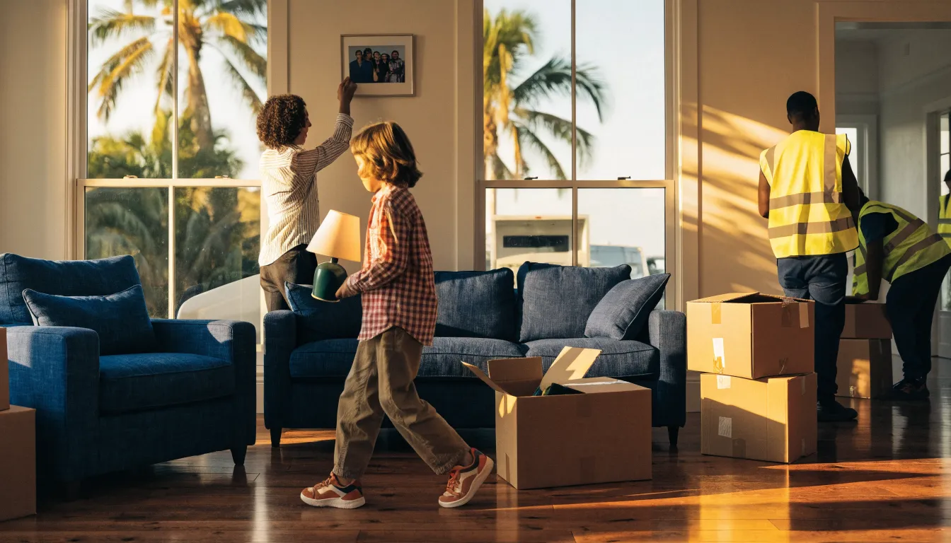 A family settling into the bright living room of their new home with furniture already in place