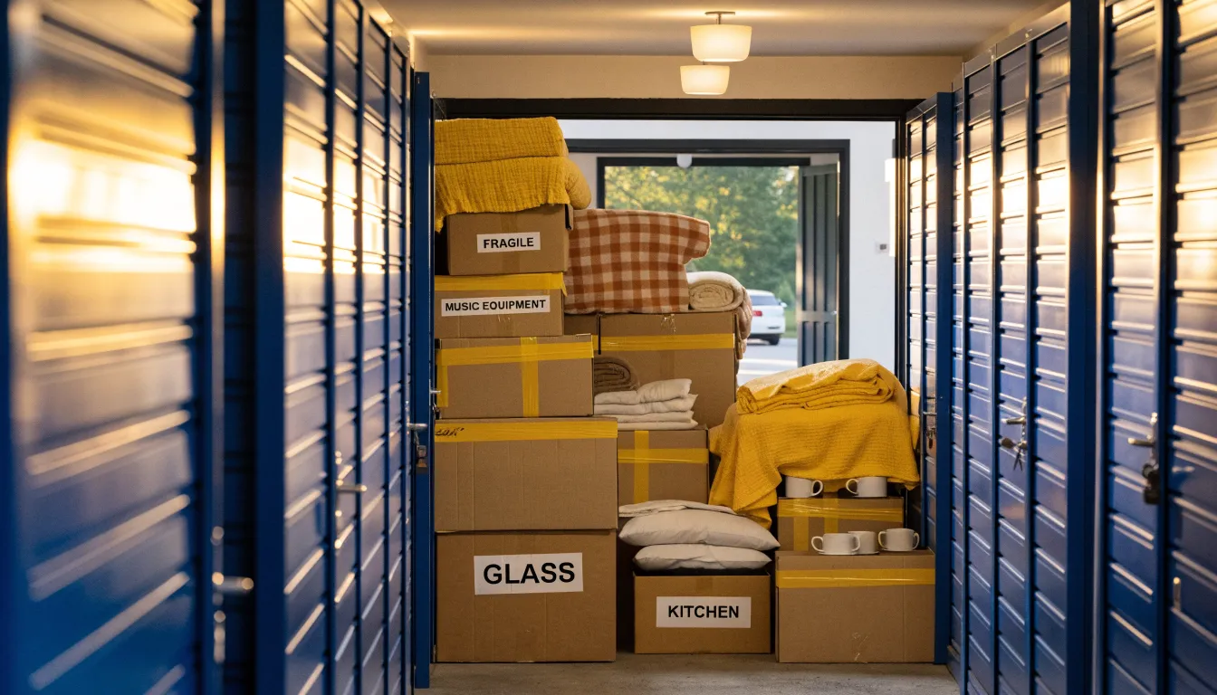 Clean, climate-controlled storage facility corridor with rows of closed unit doors