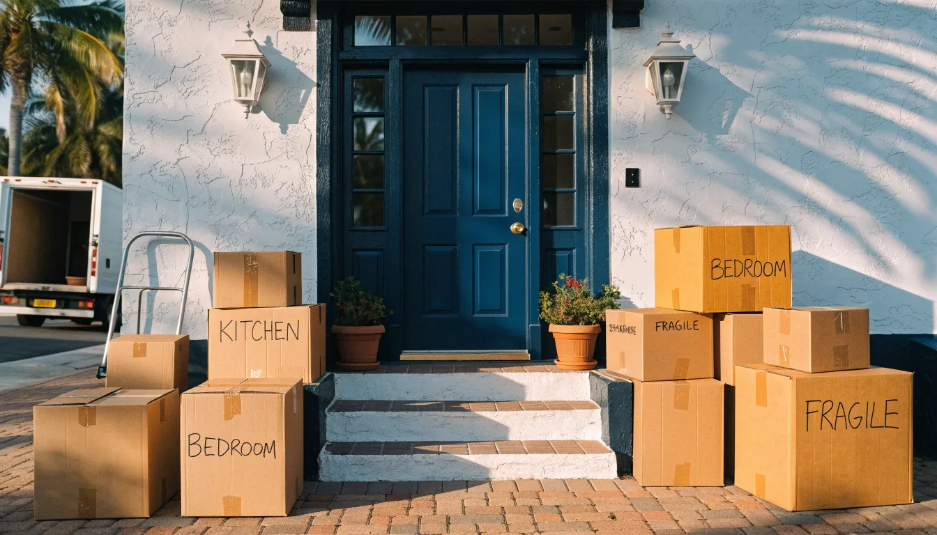 Front entry of a South Florida home with labeled moving boxes stacked neatly by the door