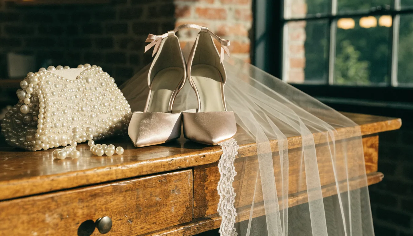 Soft tulle veil draped over a wooden counter beside a beaded clutch and pearl earrings