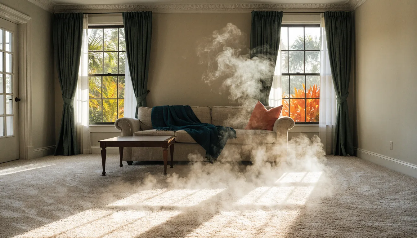 Sunlit Palm Beach living room with a freshly steam-cleaned carpet and faint steam rising