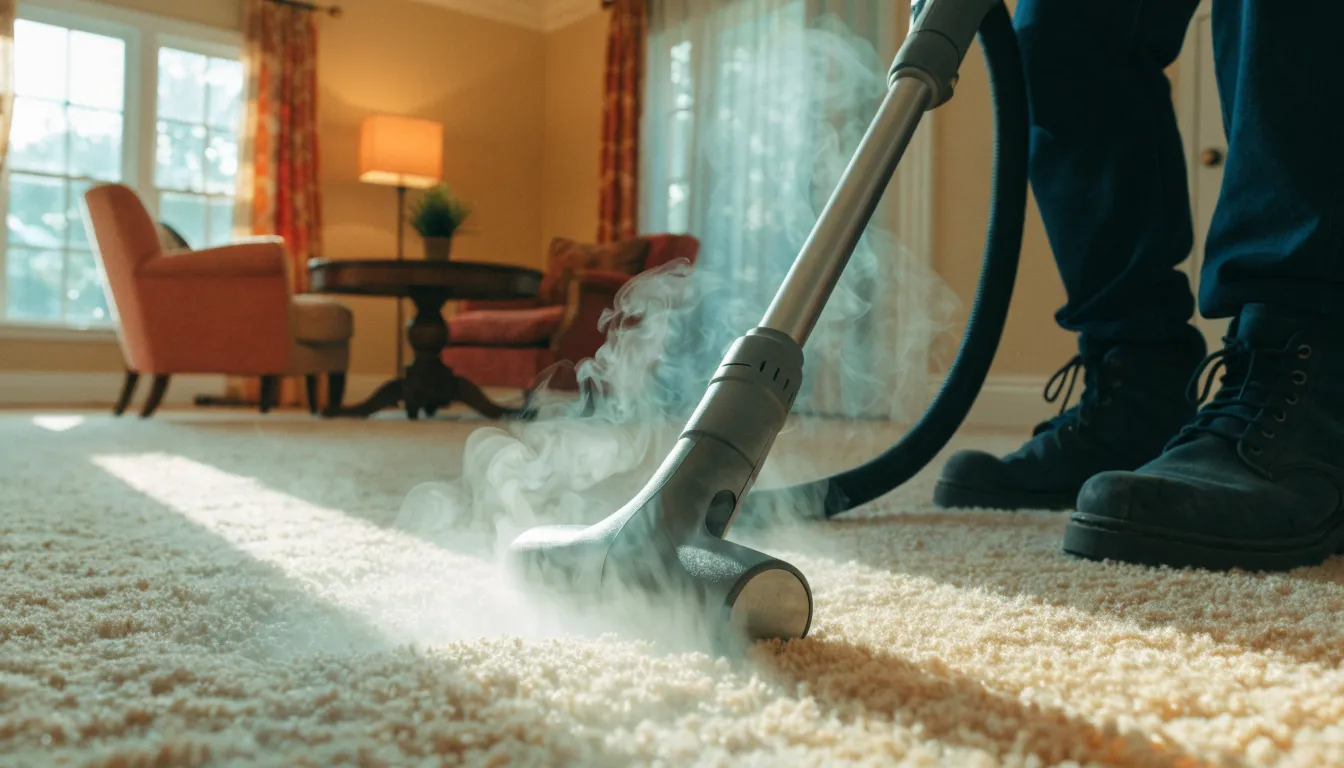 Hot water extraction wand pulling a clean stripe across a cream wall-to-wall carpet