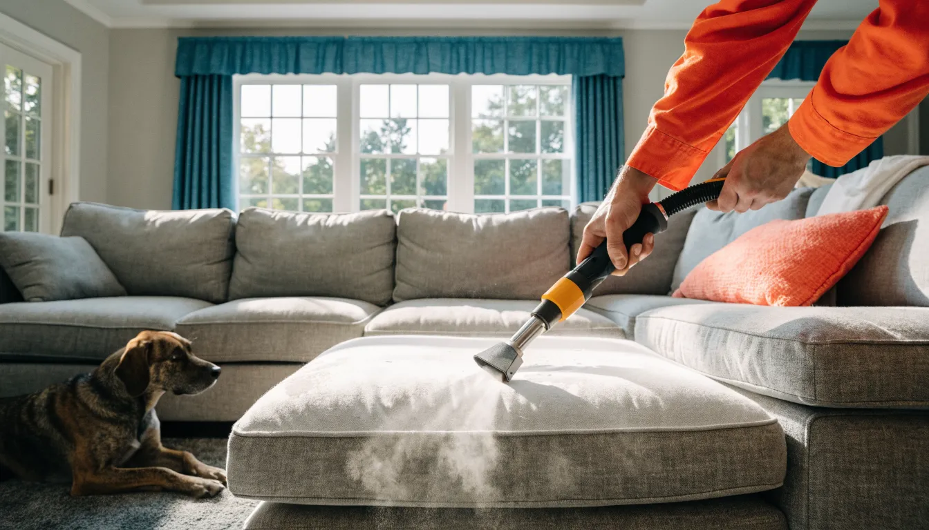 Technician cleaning a light gray fabric sectional sofa with an upholstery tool