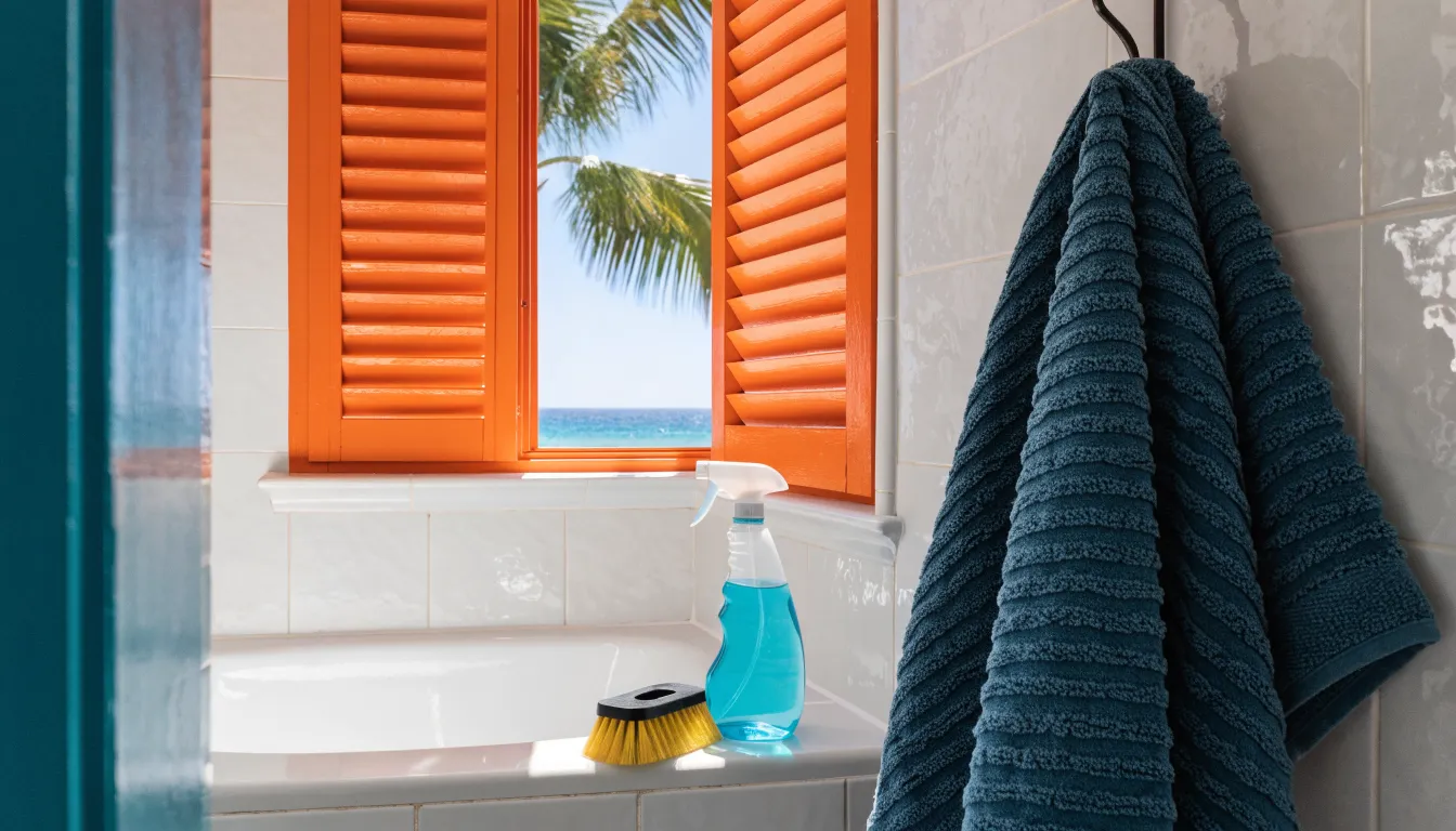 Bright bathroom with freshly cleaned white floor tile and grout