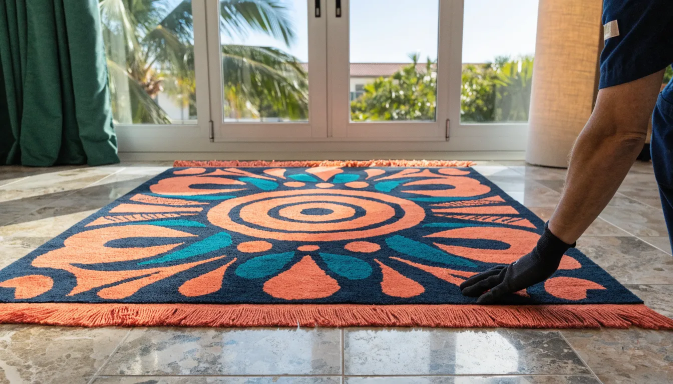 Patterned wool area rug laid flat after a deep clean