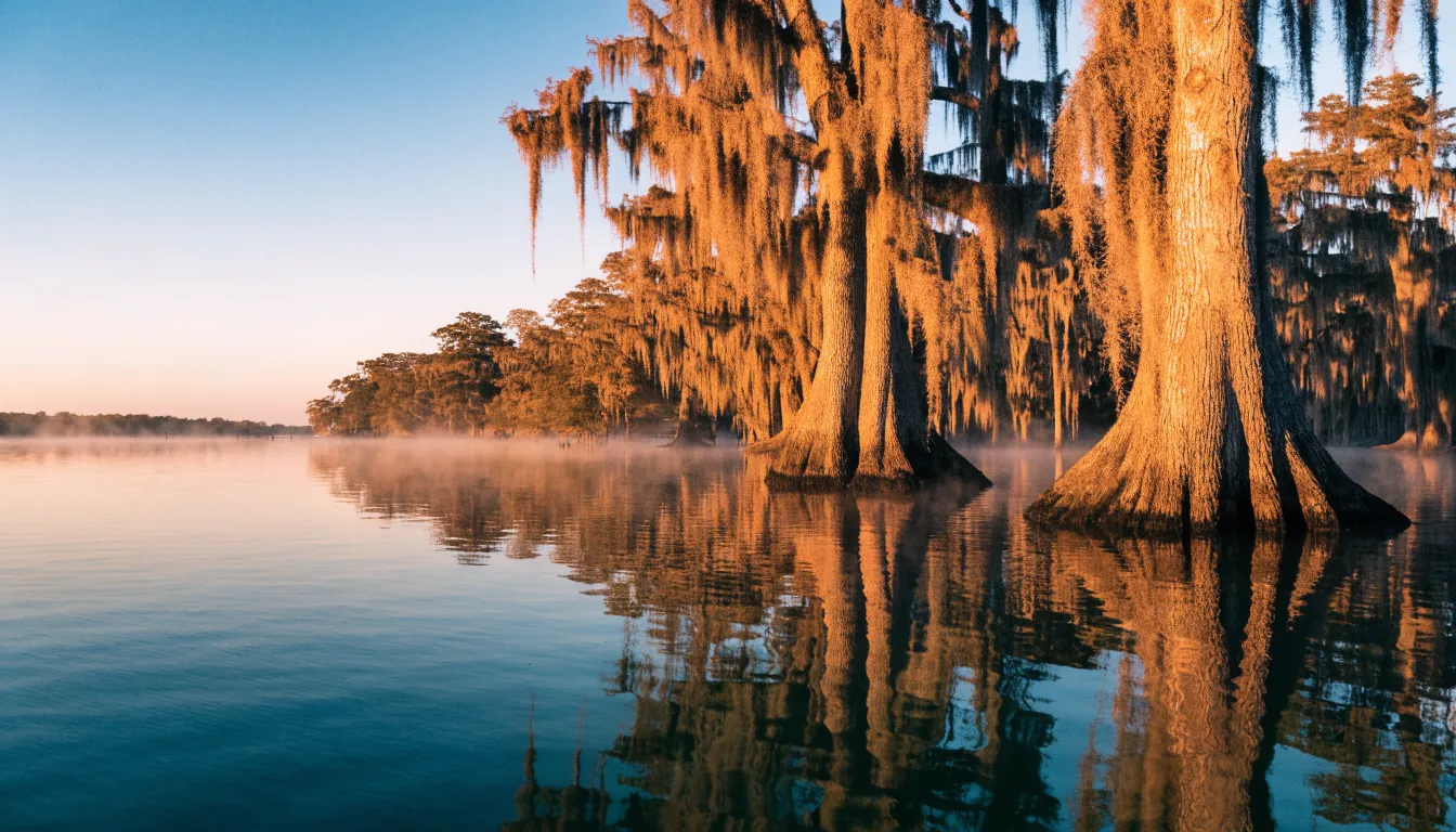 Golden sunrise over a calm Southwest Louisiana bayou framed by cypress trees and Spanish moss