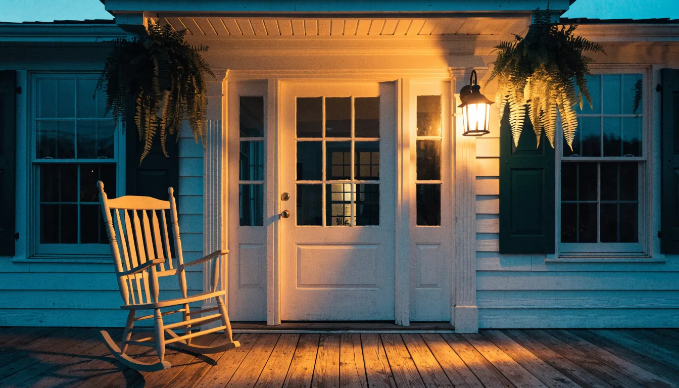 A warm porch light glowing beside the front door of a Louisiana cottage at dusk