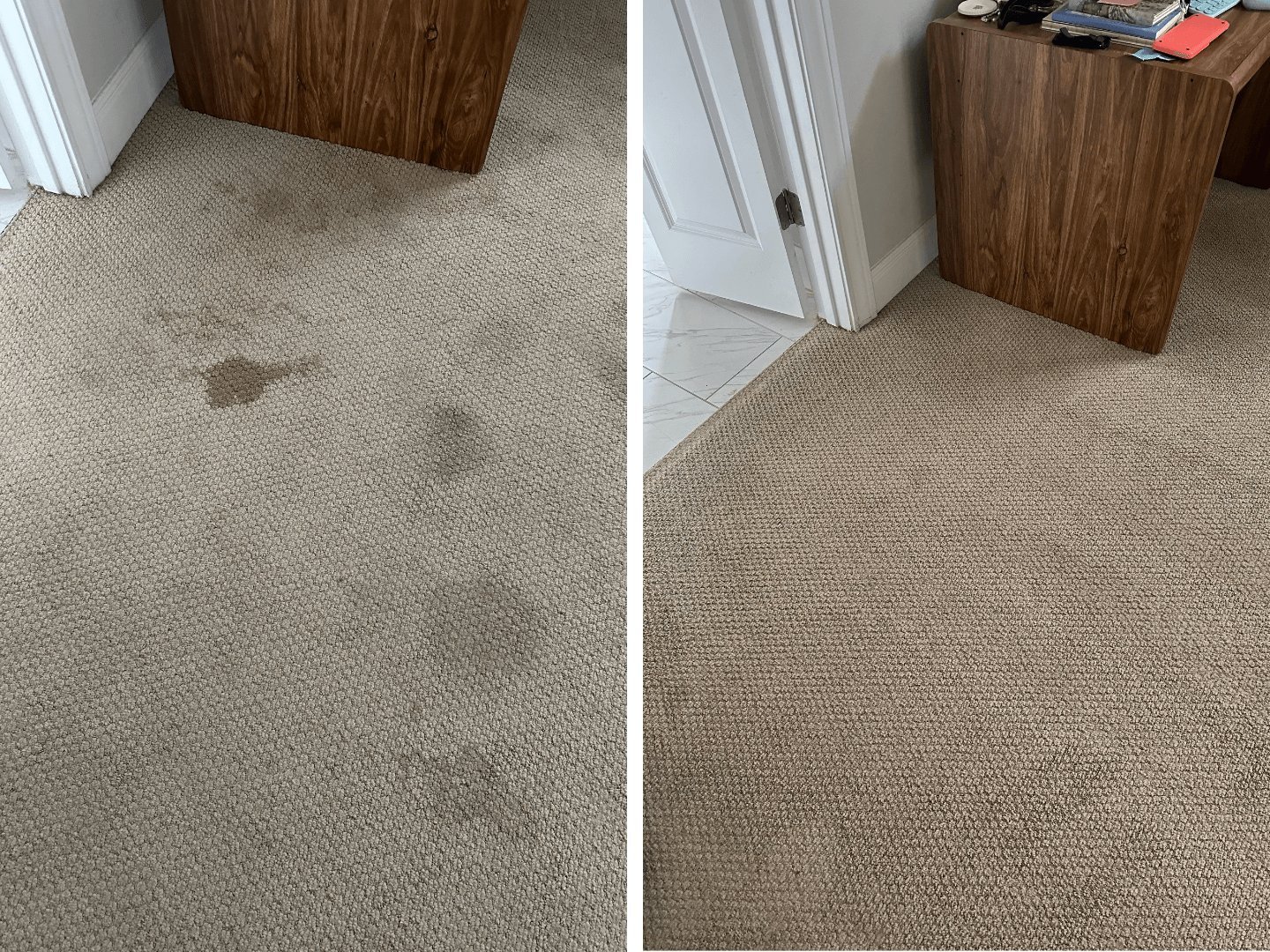 Before: stained beige berber carpet beside a wooden nightstand and white doorway