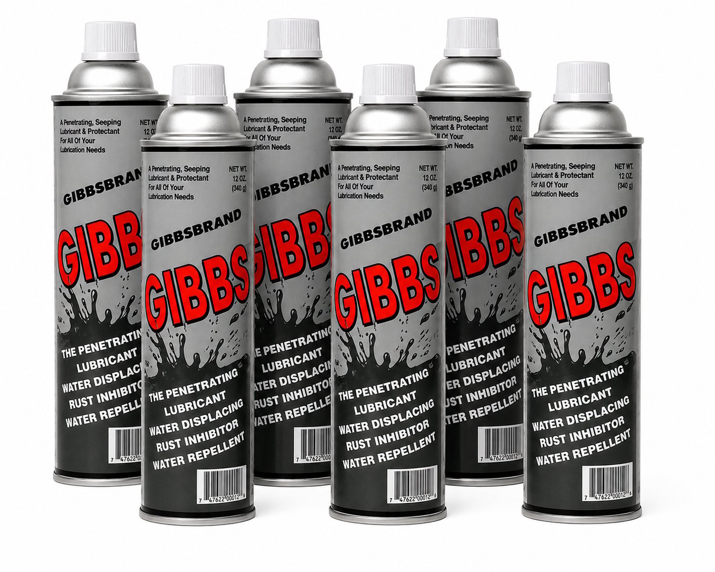 Six Gibbs Brand aerosol cans in two staggered rows