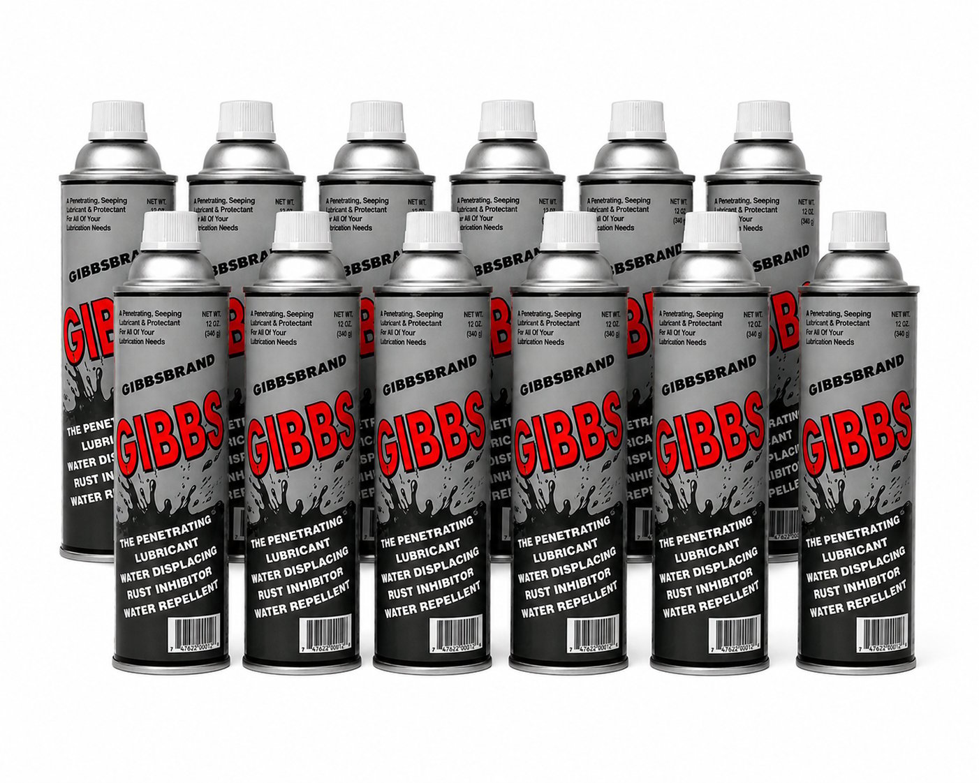 A full case of twelve Gibbs Brand cans in two rows of six