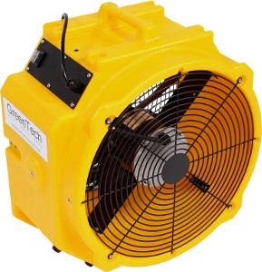 Yellow GreenTech industrial air mover fan with black grille and top handle